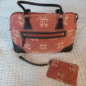 Dooney & Bourke Dongale Red Brown Monogram  Shoulder Carry Dome Purse W/wristlet